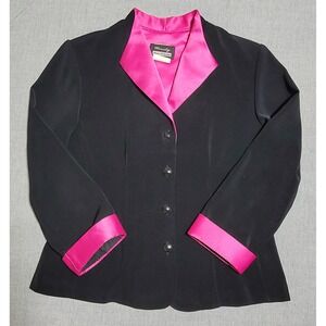 Vintage Blazer Jacket Womens Button Down Black Pink Satiny Accents Work Job Sz 8